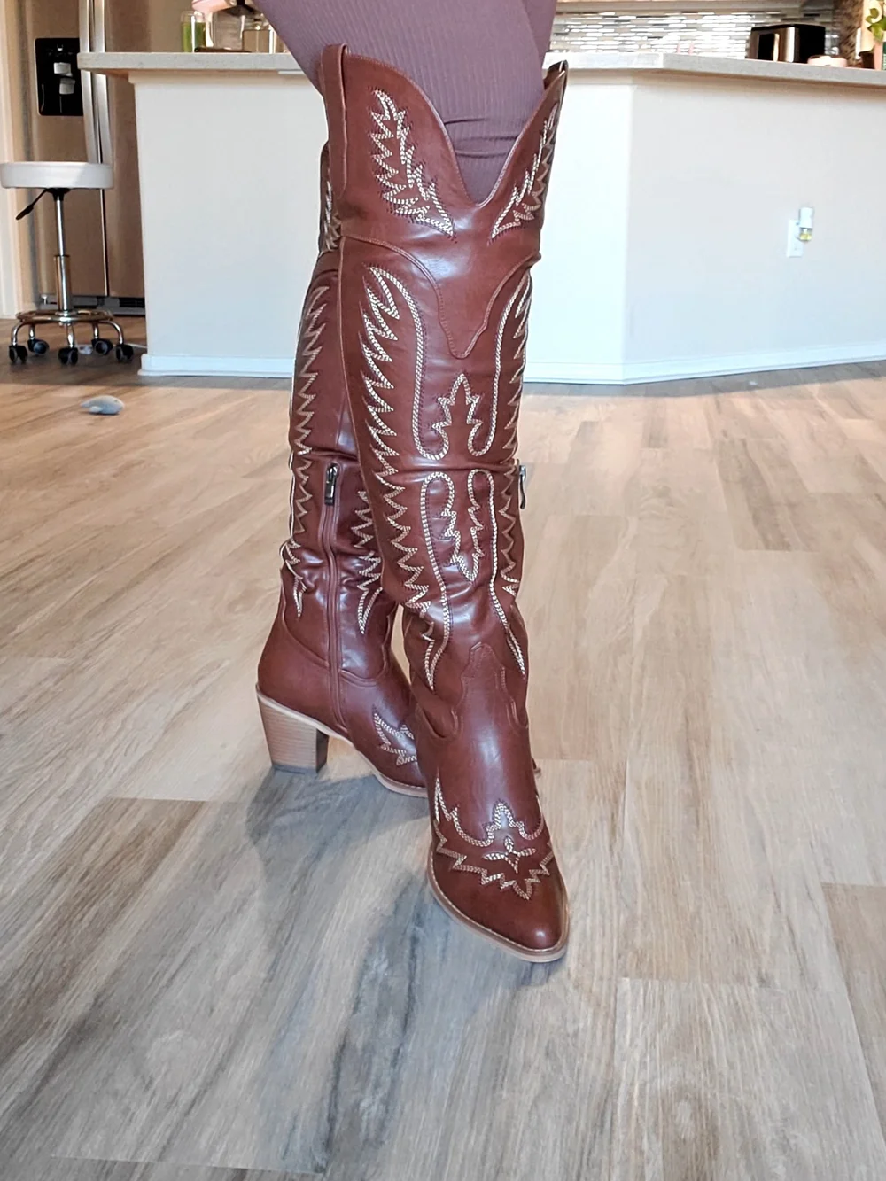 Brown Embroidered Western Knee-High Boots - Women